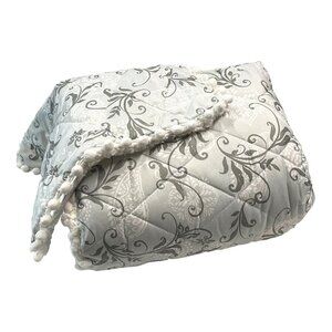 Pom-Pom Throw‎ Blanket and Pillow Set Blue Silver Grey Scroll